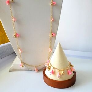Extended Necklace and Charm Bracelet Set / Bell Flowers / Pink & Gold